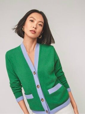 Ann Taylor Green Tipped Boyfriend Cardigan Blue Contrast Trim Small NWT